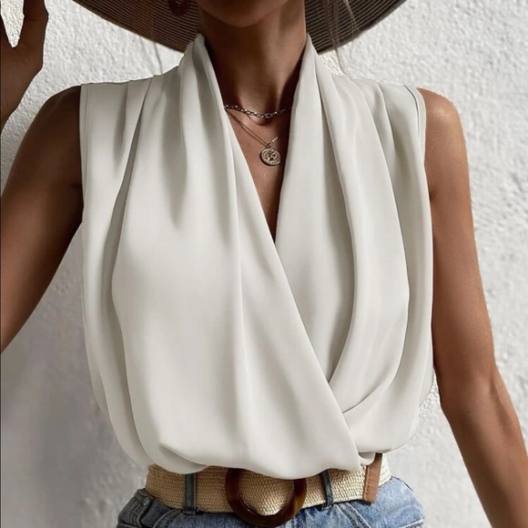 Elegant Classic Wrap Front Sleeveless Work Office Business Top Blouse WHITE - Picture 2 of 6